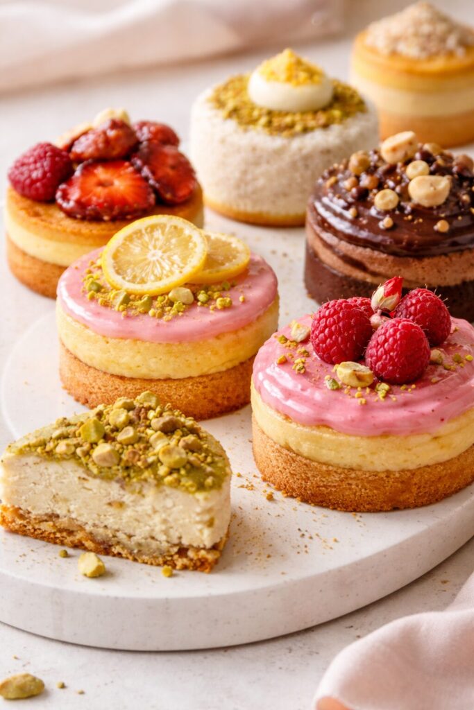 yummy petite desserts and cakes with many textures