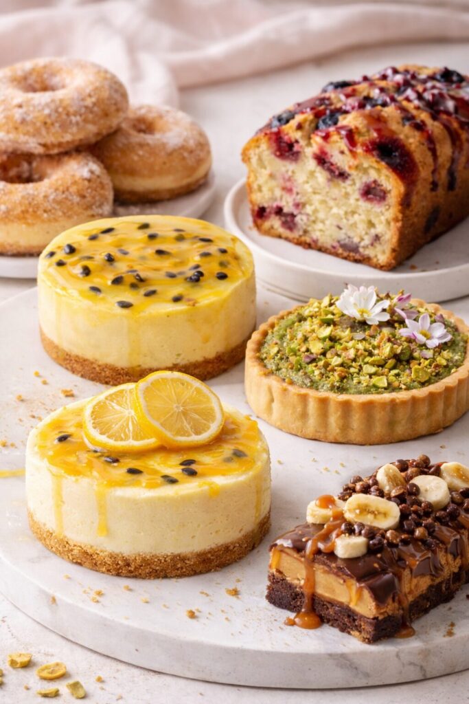 yummy decadent desserts and cakes with many textures