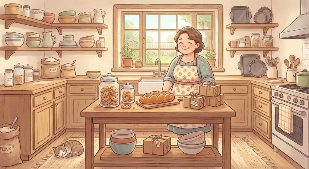 home baker happy in kitchen