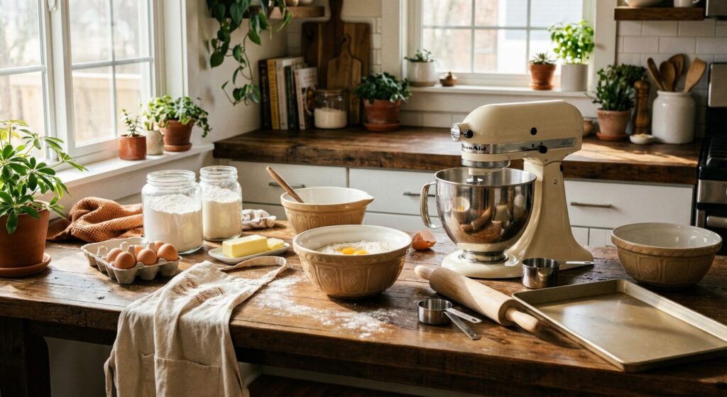 kitchen set up to do home baking...real looking kitchen with mess