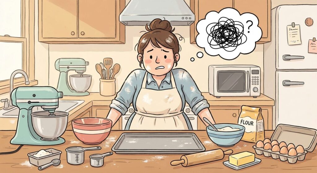 a discouraged home baker in cartoon form