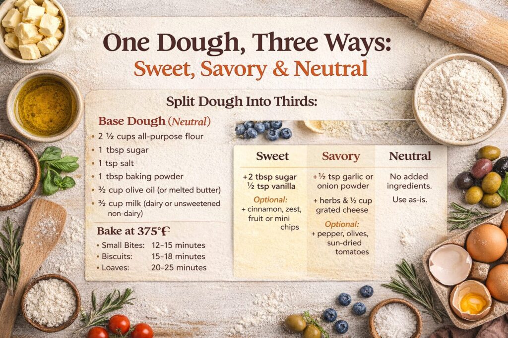 recipe card for dough done 3 ways sweet savory neutral 