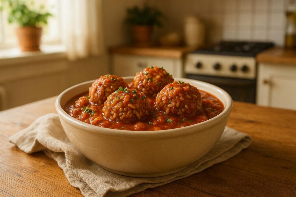 a bowl of porcupine meatballs on a table in a kitchen