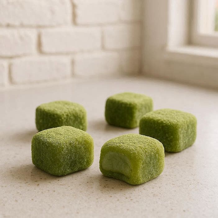 matcha mochi bites on white counter 