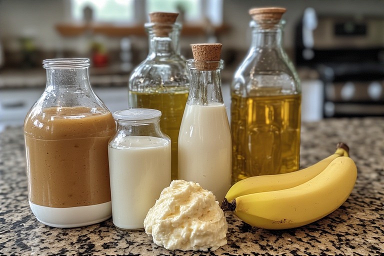 photo realistic in a real home baker kitchen...Yogurt
Milk
Applesauce
Mashed banana
Olive oil or melted butter...as realted to adding liquids to baking mixtures