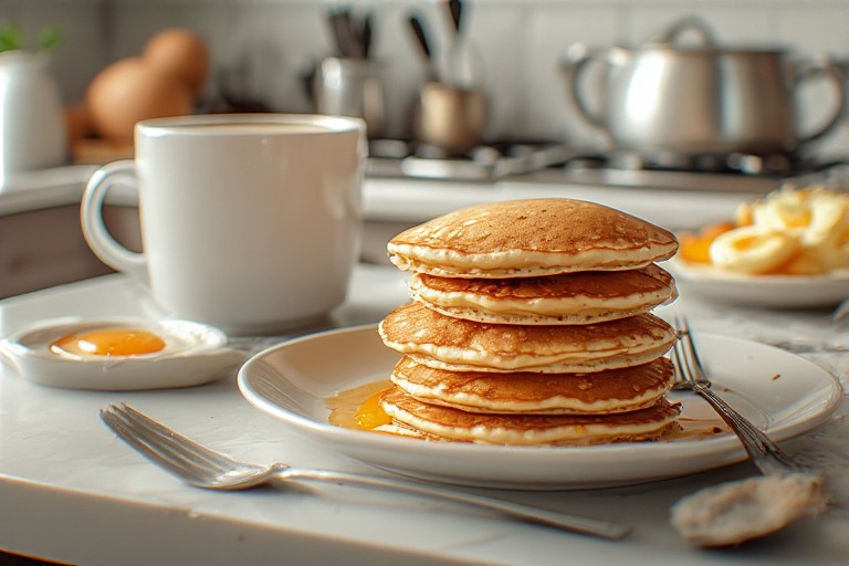 photo realistic in a real home baker kitchen..whole wheat pancakes on plates...small stack... coffee and eggs on side